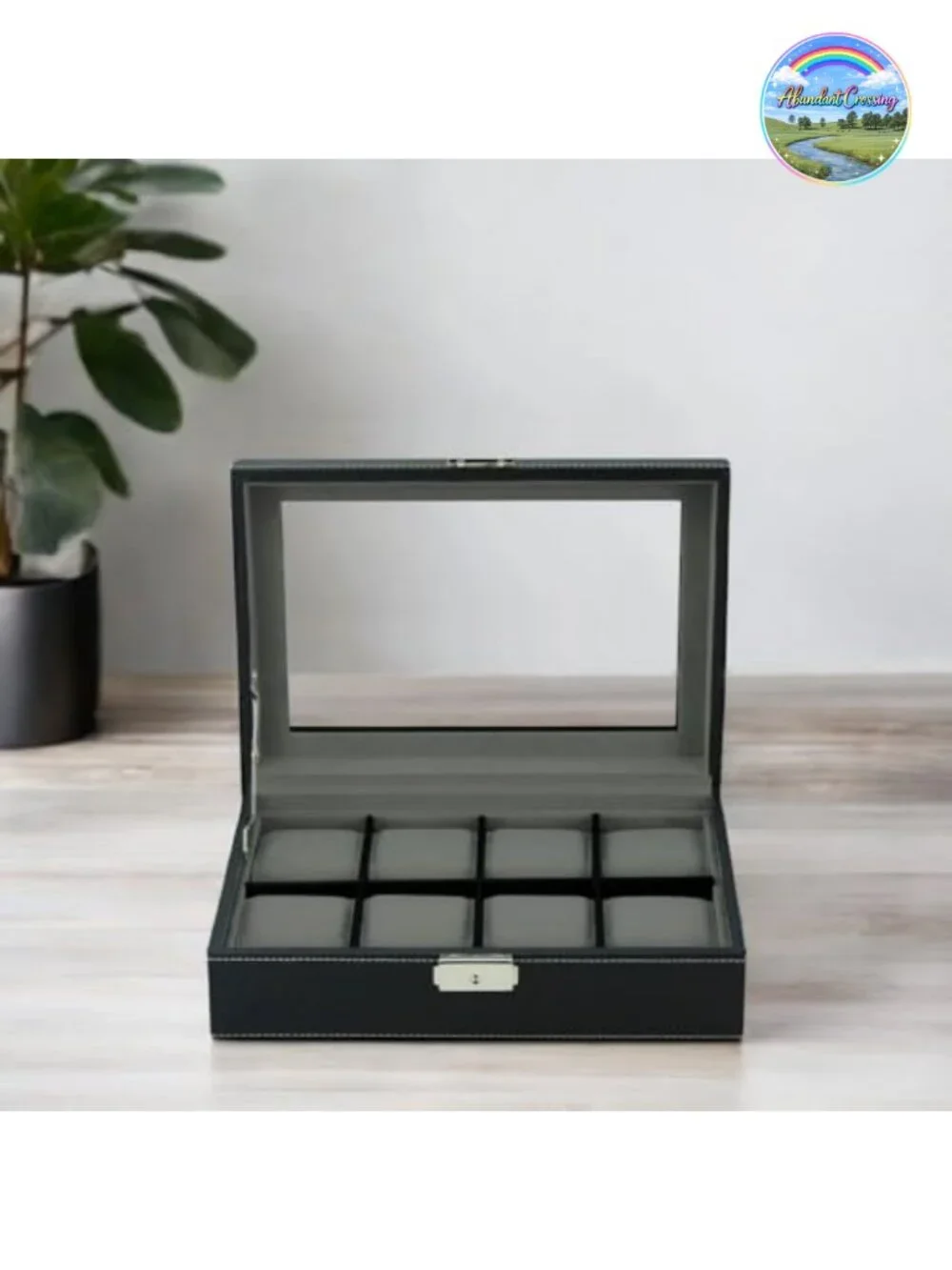 8 Slot Oversized Watch Display Case Glass Top Faux Suede Lining Lock & Key